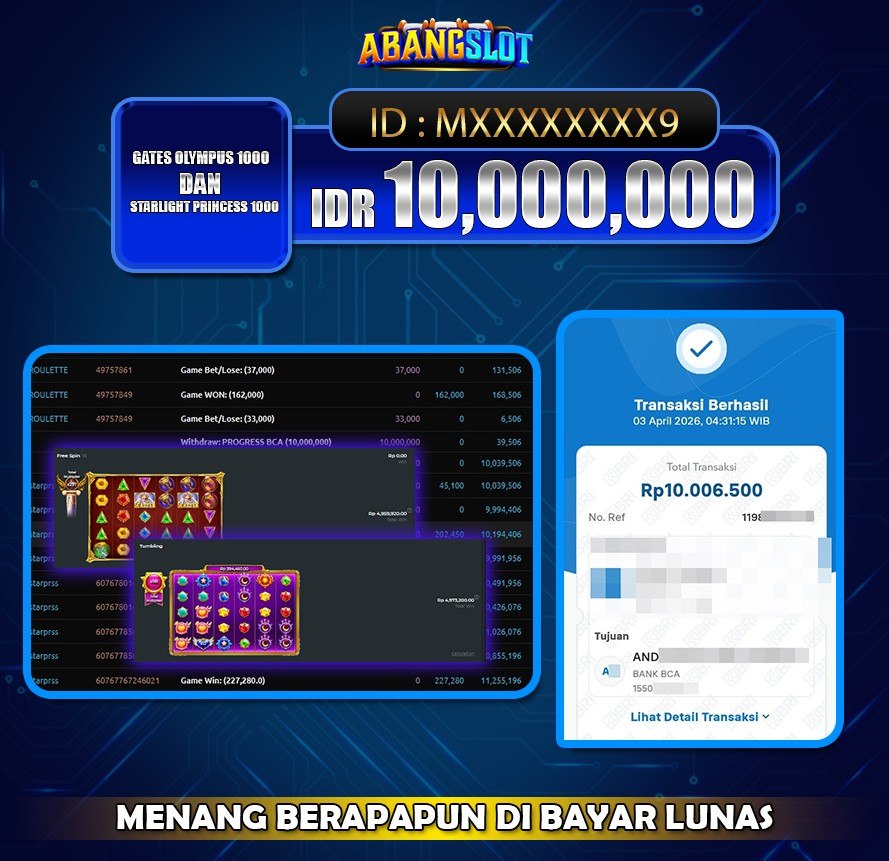 ABANGSLOT - JACKPOT SEBESAR RP.10,000,000,- DI GAME GATES OF OLYMPUS 1000