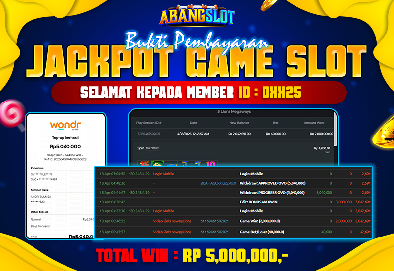 ABANGSLOT - MAXWIN SEBESAR RP. 2,000,000 + BONUS 3,000,000,- DI GAME 5LIONS MEGA WAYS